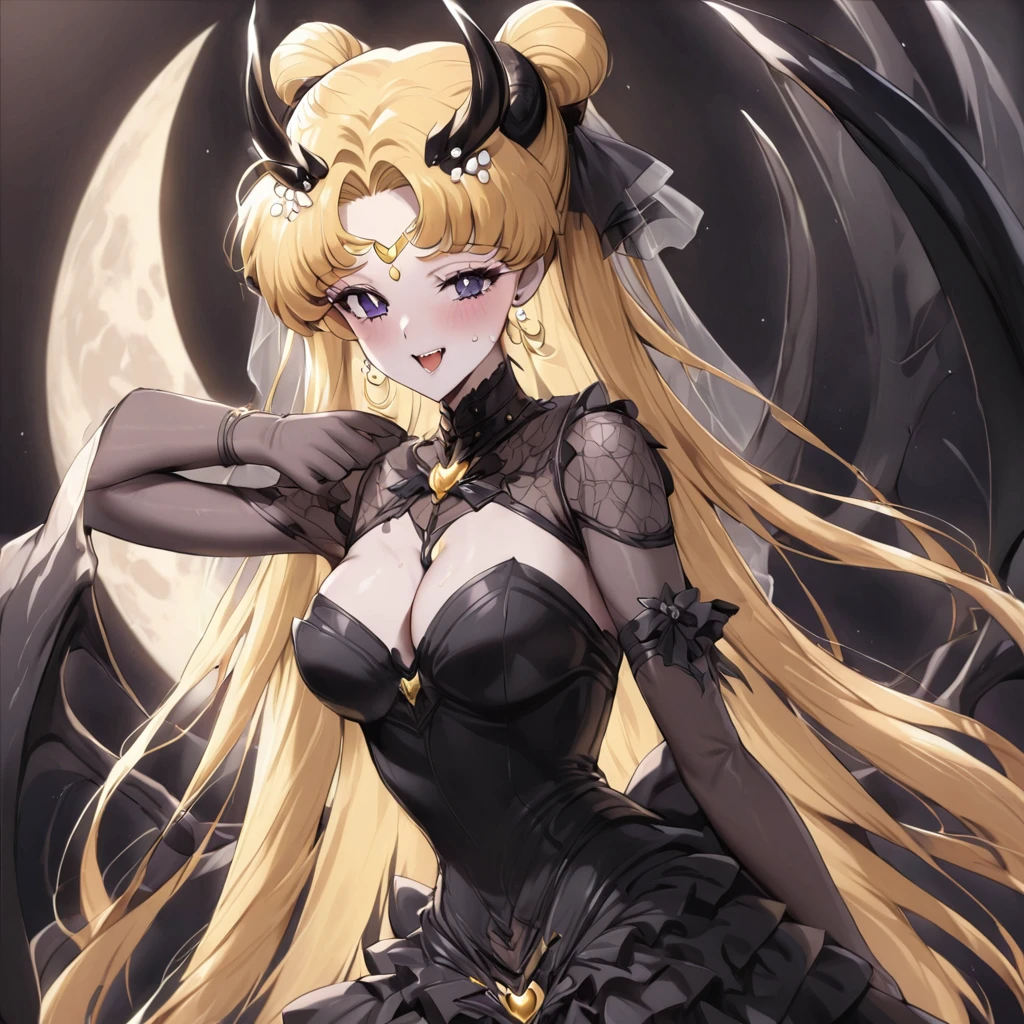 ((Highest quality)), ((masterpiece)), (detailed), (Perfect Face)、The woman is the demon queen Princess Serenity having sex with the demon king, and the woman is the jet black, sexy demon princess Serenity、The woman is a jet-black female demon with magnificent devil horns, jet-black devil wings, and a jet-black tail. Her skin is jet-black, she has a black moon mark on her forehead, she is a devil bride wearing a black gorgeous Gothic Victorian wedding dress and a black wedding veil, she is the jet-black demon Princess Serenity, and she has blonde hair with a happy expression as she looks at the camera.2The expression of a girl in love with her long hair tied up、She is Princess Serenity、Punishment pose on behalf of the moon