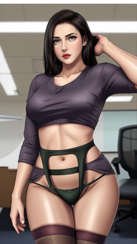 score_9, score_8_up, score_7_up, score_6_up, woman to the office, red bra and black sexy office outfits set, garter belt, big breasts, low-cut, sweater breasts.