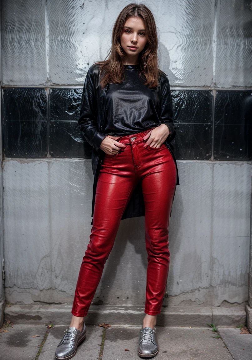 fashion cover, front view, full-body, woman model, colorful wall, red suit, black shirt, red tie, red leather jeans with silver shoes --ar 9:16