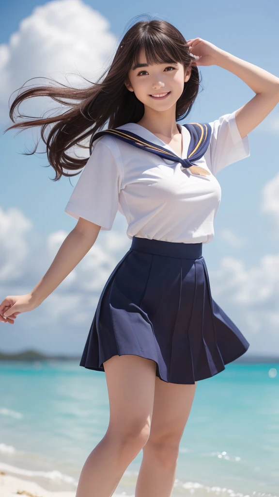 1girl,(((Okinawa ocean)))、(((White sand beaches in Okinawa)))、(((Just join your hands and pray)))、(((Mysterious look)))、8k UHD、Digital single-lens reflex camera、High resolution、Shallow depth of field、Natural light、(((腕を上げて美しい脇の下をみせてくれる)))、(((Sailor suit)))、(((navy blue super mini skirt)))、(((A sparkling, charming smile)))、(((Full body photography)) )、Small person、(((Young face)))、1 Japanese female、12 years old;beautiful girl、(Black Hair)、A strong wind blows up my skirt、(((Brown eyes)))、Glowing Skin、Smooth Thinning Hair、Long Hair、Detailed background、Detailed eyes and face、Clear Eyes、Cute smile、Calm atmosphere、(((stage)))、(((Small breasts)))、(((Beautiful Eyes)))、Flat chest、Children、(((Toned thighs))) 、(((Angle from below) ))、(((Fine lips)))、(((Skirt fluttering)))、Shining beautiful legs、( Skirt fluttering violently in the strong wind :1.4), (hair blowing in the strong wind:1.4), (leaning forward)、barefoot、barefoot、((((A skirt flipped up by a strong wind))))