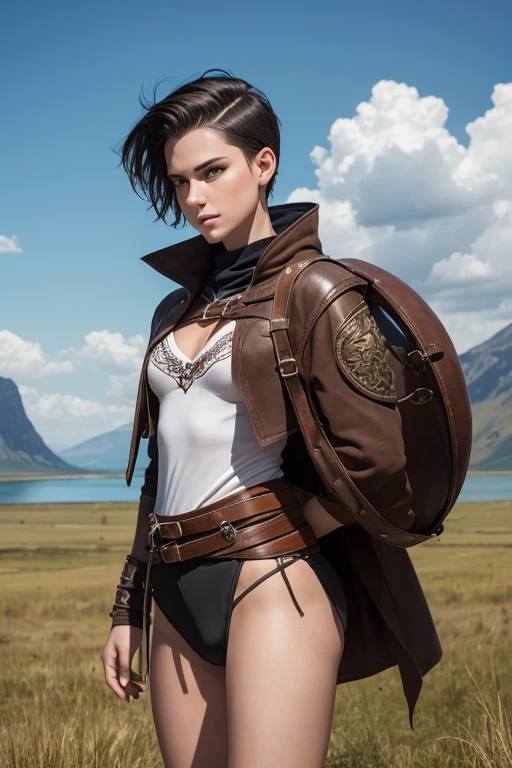Happy young woman with undercut in fantasy setting. Adventurer and Ranger. Very androgynous looking. In a good mood. Sympathetic. tomboy. androgynous. slender body. Very . Very small breasts. wide hips. thick legs. face: Extremely pale skin with liver spots and freckles.. Мягкое узкое face с круглым подбородком.. Soft little jaw. big forehead. Very thin barely visible eyebrows. Upside down large dark brown eyes. Dark brown eye color. Very long and wide nose. Big curved lips. Very short dark-brown hair. Boyish short haircut. undercut. Sides shaved. Tight-fitting fantasy Lone Ranger and Adventurer outfit.. Background: Wide colorful plains. Green grass. Big Lake. brilliant blue sky. Beautiful weather. A sense of breadth and .