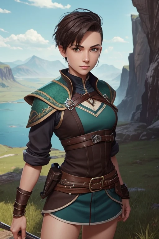 Happy young woman with undercut in fantasy setting. Adventurer and Ranger. Very androgynous looking. In a good mood. Sympathetic. tomboy. androgynous. slender body. Very . Very small breasts. wide hips. thick legs. face: Extremely pale skin with liver spots and freckles.. Мягкое узкое face с круглым подбородком.. Soft little jaw. big forehead. Very thin barely visible eyebrows. Upside down large dark brown eyes. Dark brown eye color. Very long and wide nose. Big curved lips. Very short dark-brown hair. Boyish short haircut. undercut. Sides shaved. Tight-fitting fantasy Lone Ranger and Adventurer outfit.. Background: Wide colorful plains. Green grass. Big Lake. brilliant blue sky. Beautiful weather. A sense of breadth and . 