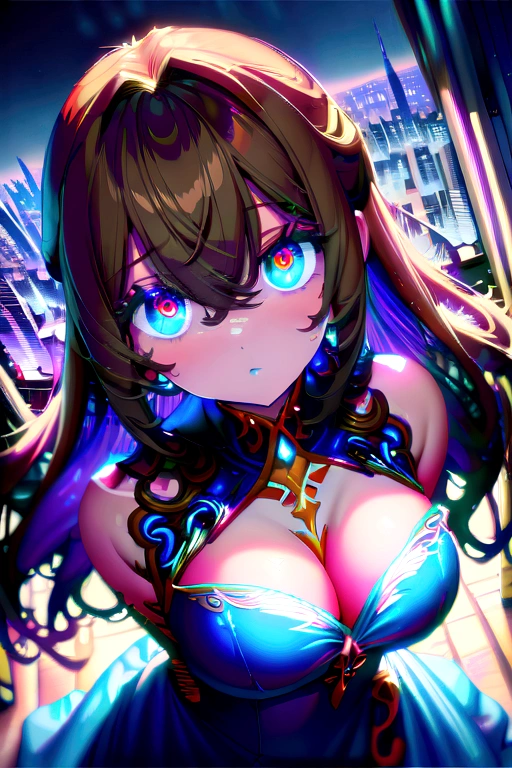 Sexy anime woman with brown hair. blue eyes. flirtatious look. sexy look. collar. Great cleavage. blue eye shadow. blue painted lips. blue dress. city background. (Masterpiece:1.2), Best Quality, high resolution, unity wallpaper 8k, (illustration:0.8), (Beautiful detailed eyes:1.6), extremely detailed face, perfect lighting, Extremely detailed CG, (perfect hands, perfect anatomy),