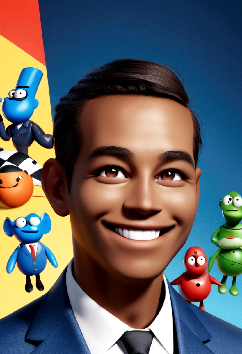 Create a Pixar-inspired 3D poster capturing a 27-year-old man with dark skin in a blue suit, no tie, no beard, smiling, politic