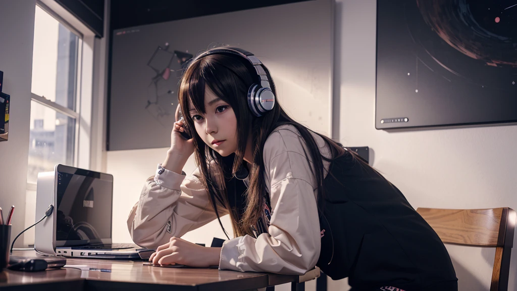 anime girl with headphones on using a laptop computer, an anime drawing by Yuumei, pixiv, computer art, nightcore, lofi artstyle, lofi girl, lofi art, anime art wallpaper 4 k, anime art wallpaper 4k, anime picture, listening to music at 2 am, anime art wallpaper 8 k, anime style 4 k