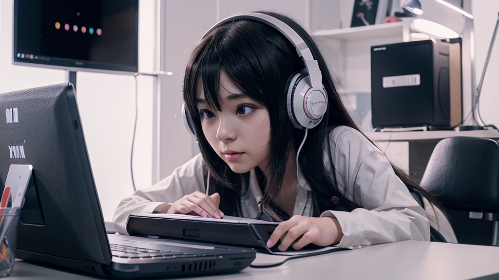 anime girl with headphones on using a laptop computer, an anime drawing by Yuumei, pixiv, computer art, nightcore, lofi artstyle, lofi girl, lofi art, anime art wallpaper 4 k, anime art wallpaper 4k, anime picture, listening to music at 2 am, anime art wallpaper 8 k, anime style 4 k