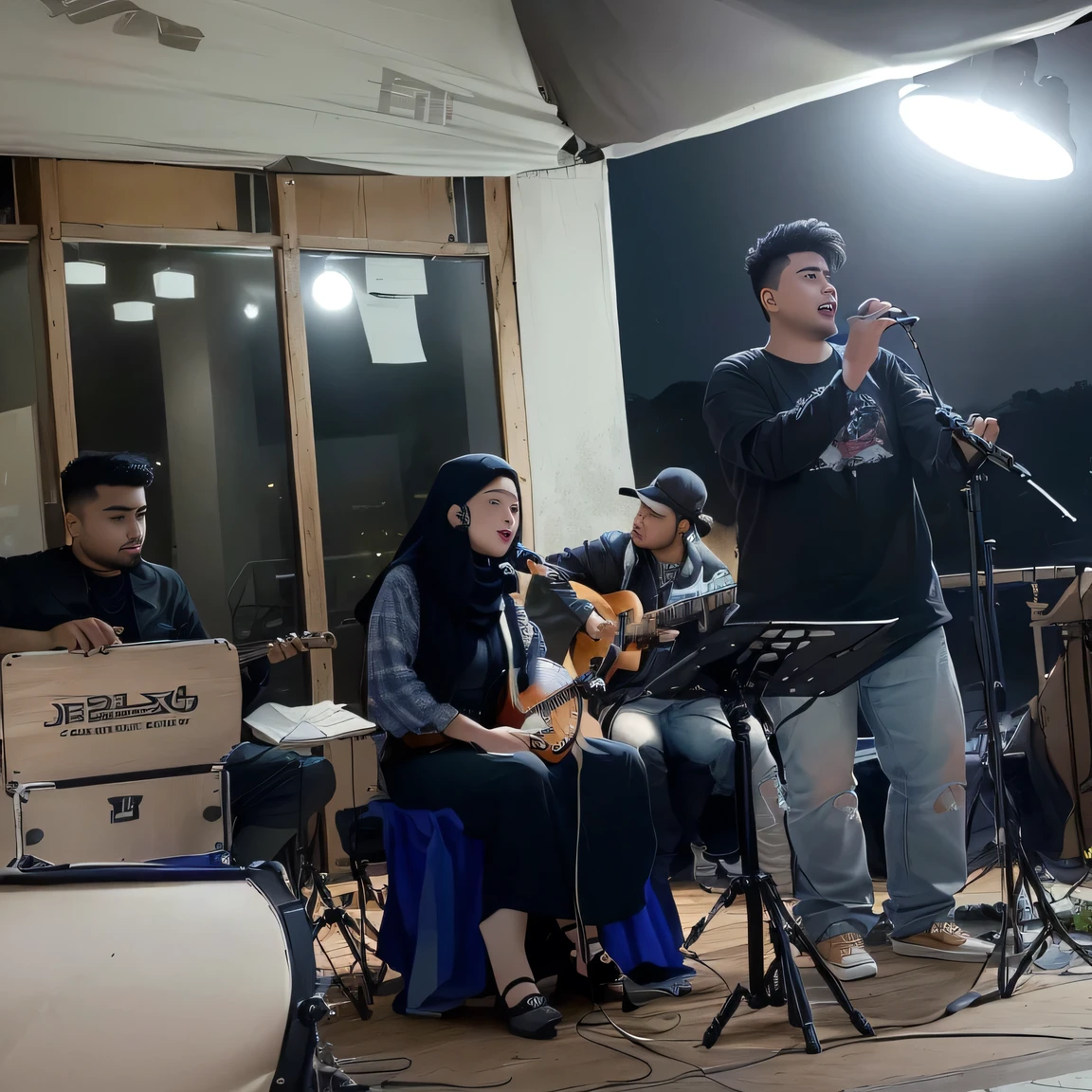 several people are sitting in chairs and playing music together, live performance, album, singing, semi realism, wide portrait, random artist, vocalist, new song, by Abidin Dino, band playing, potrait, foto, beautiful lady, background image, beautiful scene, night setting, protrait, captured on canon eos r 6, realism art, night time scene