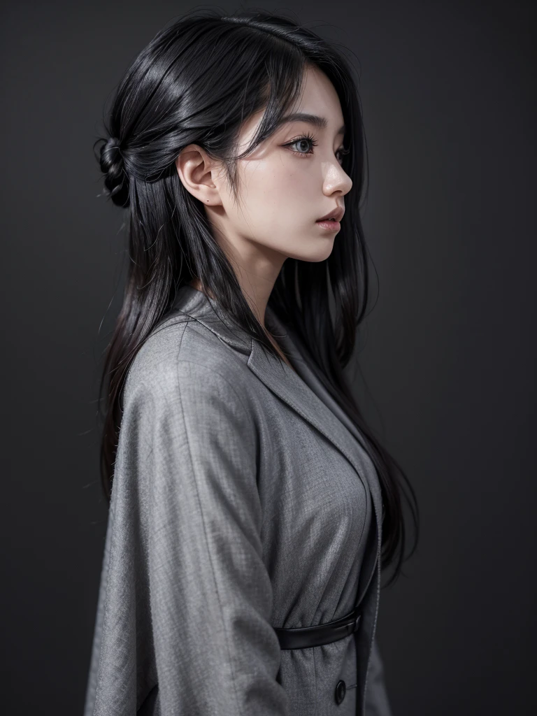 Well dressed  profile photo, extremely beautiful Japanese woman, 25 years old, black hair, black dress ,elegant, gray background photo, hyper-rosalist