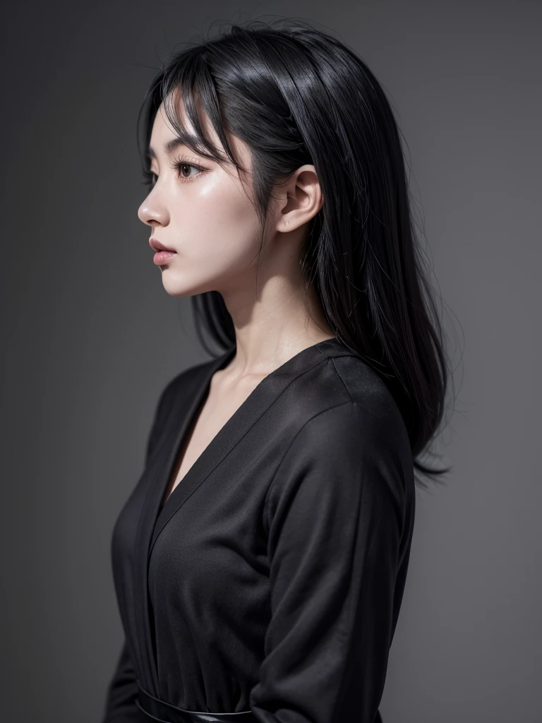 Well dressed profile photo, extremely beautiful Japanese woman, 25 years old, black hair, black dress ,elegant, gray background photo, hyper-rosalist