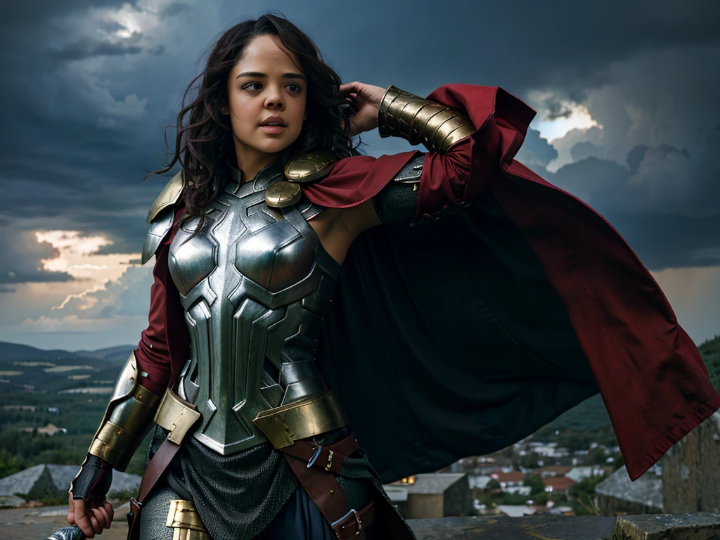 ((masterpiece)), (best quality), perfect anatomy, highres, detailed, (8k), photorealistic, best quality, ultra highres, ((detailed face)), a Realistic full body portrait of Tessa Thompson as Thor God Of Thunder in the iconic outfit from the2011 Thor movie The costume depicted in the image is a meticulously crafted suit of armor, predominantly silver with black detailing. It features: Chest Plate: Embellished with circular, Norse-inspired motifs. Shoulder Armor: Layered metal pieces symbolize strength. Arm Coverage: Chainmail textures suggest flexibility and defense. Cape: A flowing red cape adds a majestic element. , wielding the mighty hammer above her head in a raging thunder storm and a tornado in the background