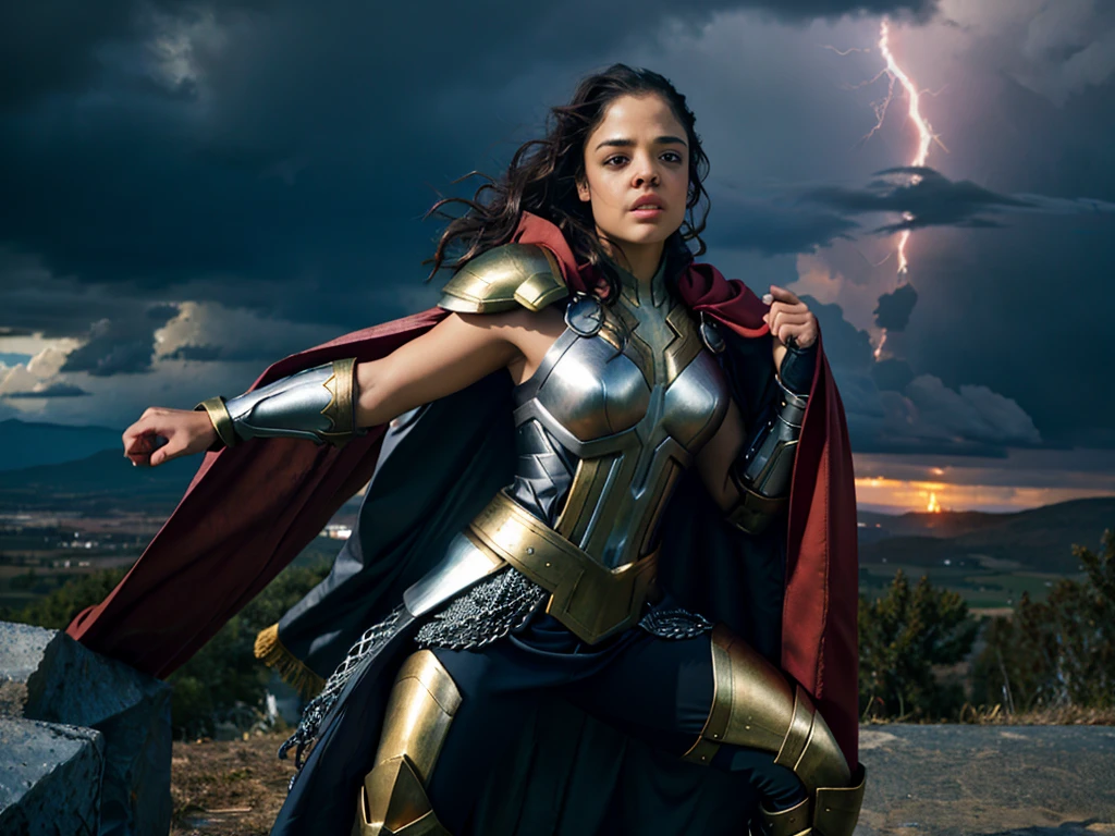 ((masterpiece)), (best quality), perfect anatomy, highres, detailed, (8k), photorealistic, best quality, ultra highres, ((detailed face)), a Realistic full body portrait of Tessa Thompson as Thor God Of Thunder in the iconic outfit from the2011 Thor movie The costume depicted in the image is a meticulously crafted suit of armor, predominantly silver with black detailing. It features: Chest Plate: Embellished with circular, Norse-inspired motifs. Shoulder Armor: Layered metal pieces symbolize strength. Arm Coverage: Chainmail textures suggest flexibility and defense. Cape: A flowing red cape adds a majestic element. , wielding the mighty hammer above her head in a raging thunder storm and a tornado in the background