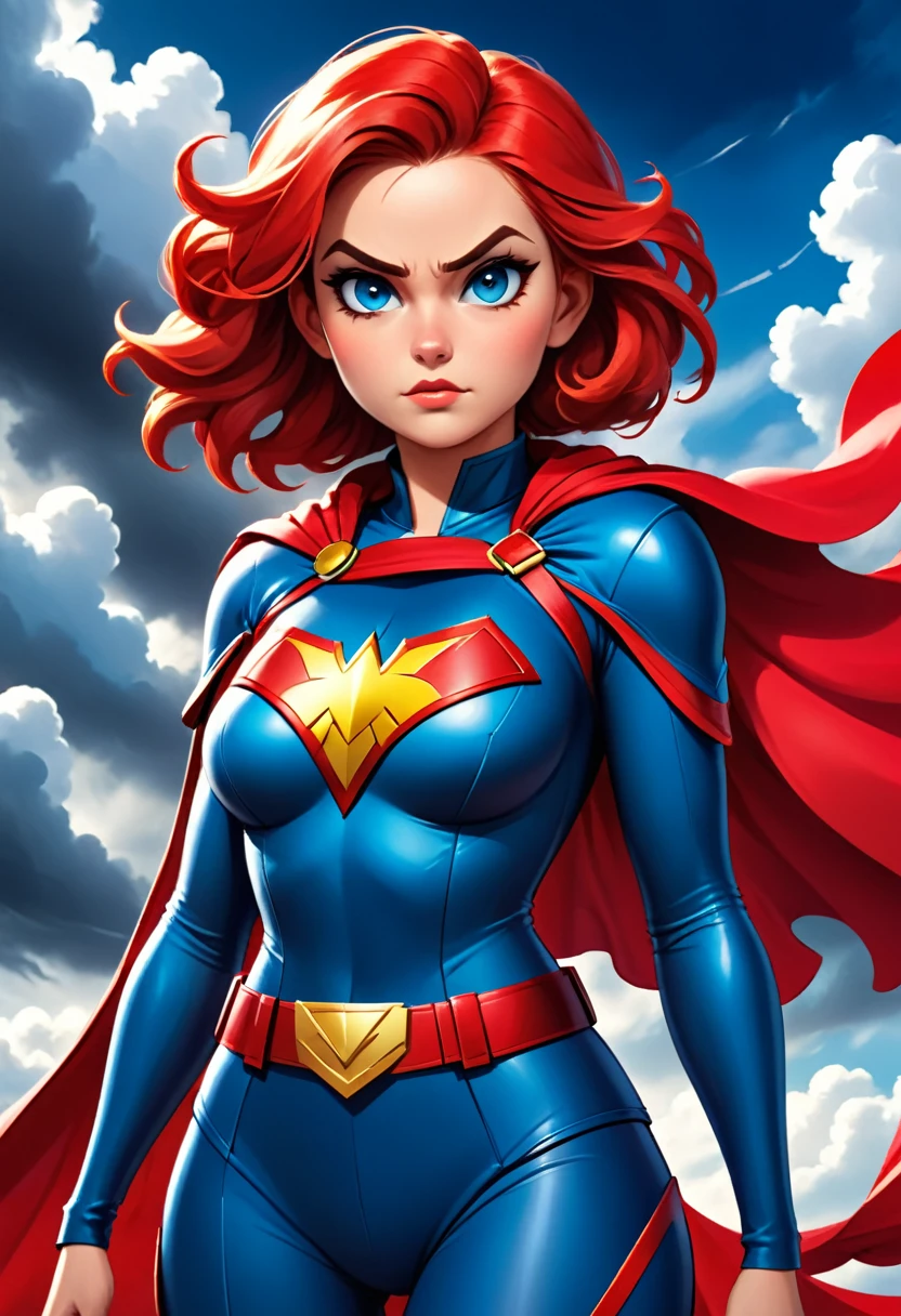 The image depicts a young woman with vibrant red hair, standing confidently against a dramatic sky filled with dark clouds. She is dressed in a striking superhero costume, predominantly in shades of blue and red, with a prominent emblem on her chest. The costume is detailed, featuring a belt with a buckle and a cape that adds to her heroic appearance. Her gaze is directed off to the side, and her expression is serious, suggesting a sense of determination and readiness for action. The overall composition of the image, with the contrast between her bright costume and the ominous sky, conveys a narrative of a powerful figure standing against adversity.