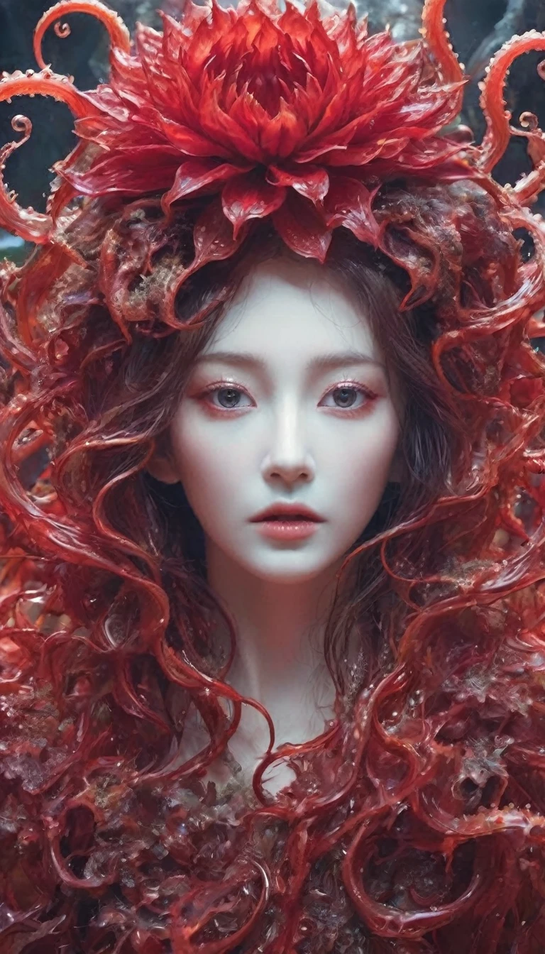 Magic plantloody ghost flower from the abyss, Ghost Flower,Blood-red tentacles stare at the dead,Enchantment,uncanny,terror