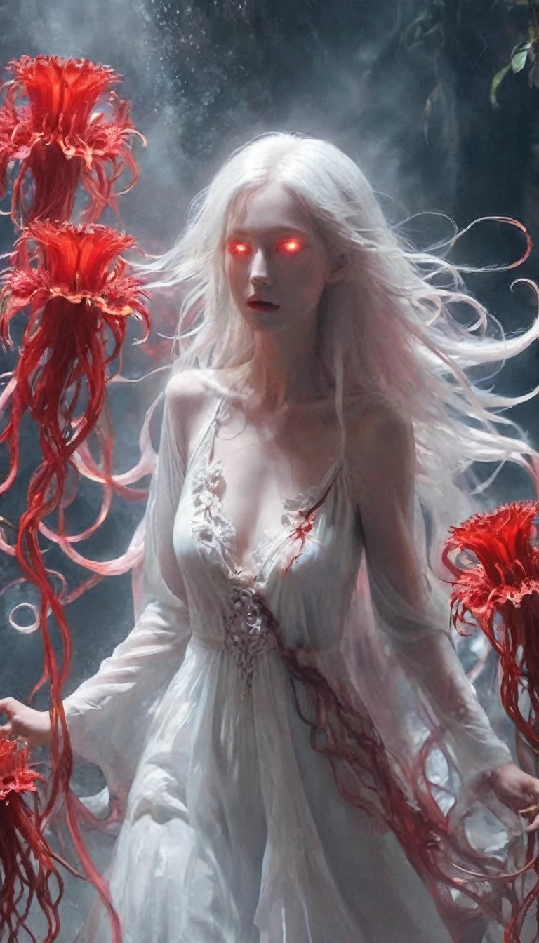 Magic plantloody ghost flower from the abyss, Ghost Flower,Blood-red tentacles stare at the dead，Enchantment，uncanny，terror