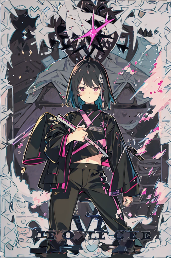 A Japanese girl with straight black hair with purple and cyan highlights with a fringe, a pink crop top and wide black pants, black boots and a black leather jacket, holding a katana