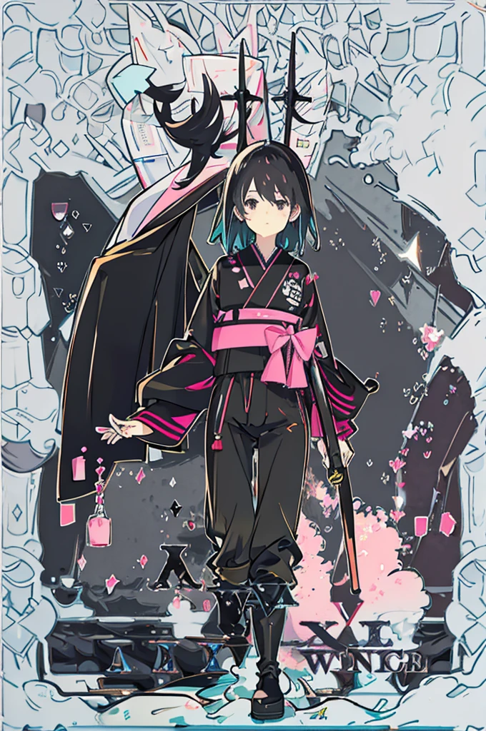 A Japanese girl with straight black hair with purple and cyan highlights with a fringe, a pink crop top and wide black pants, black boots and a black leather jacket, holding a katana