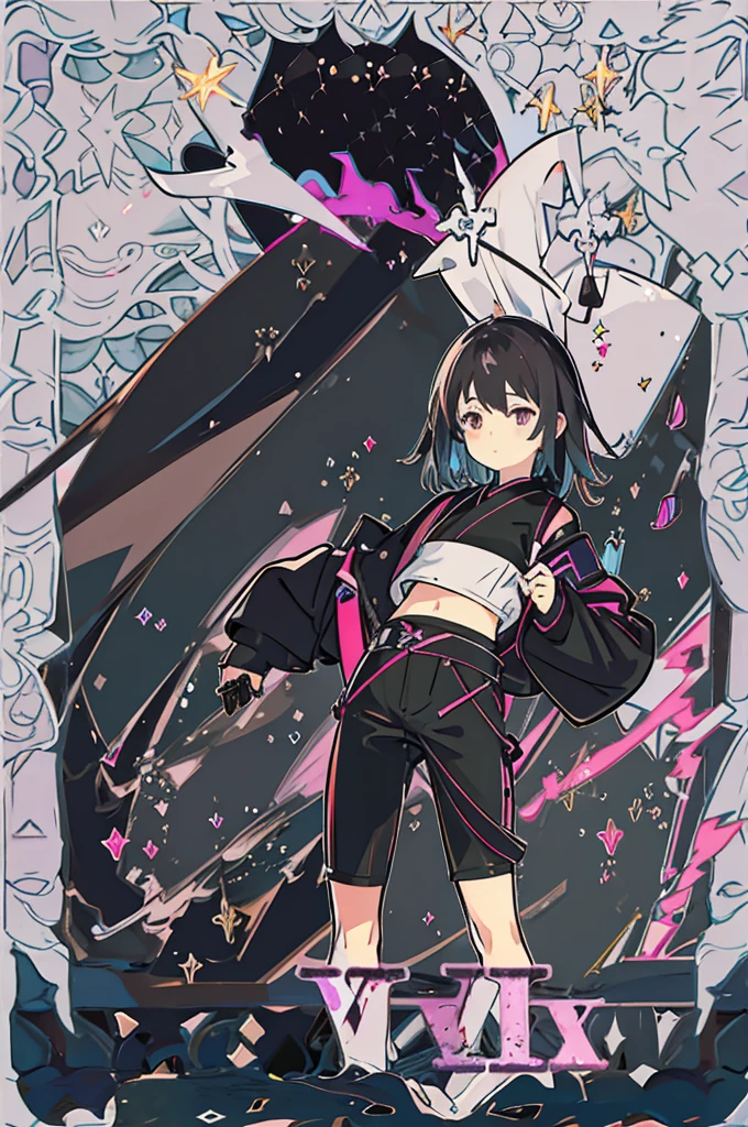A Japanese girl with straight black hair with purple and cyan highlights with a fringe, a pink crop top and wide black pants, black boots and a black leather jacket, holding a katana