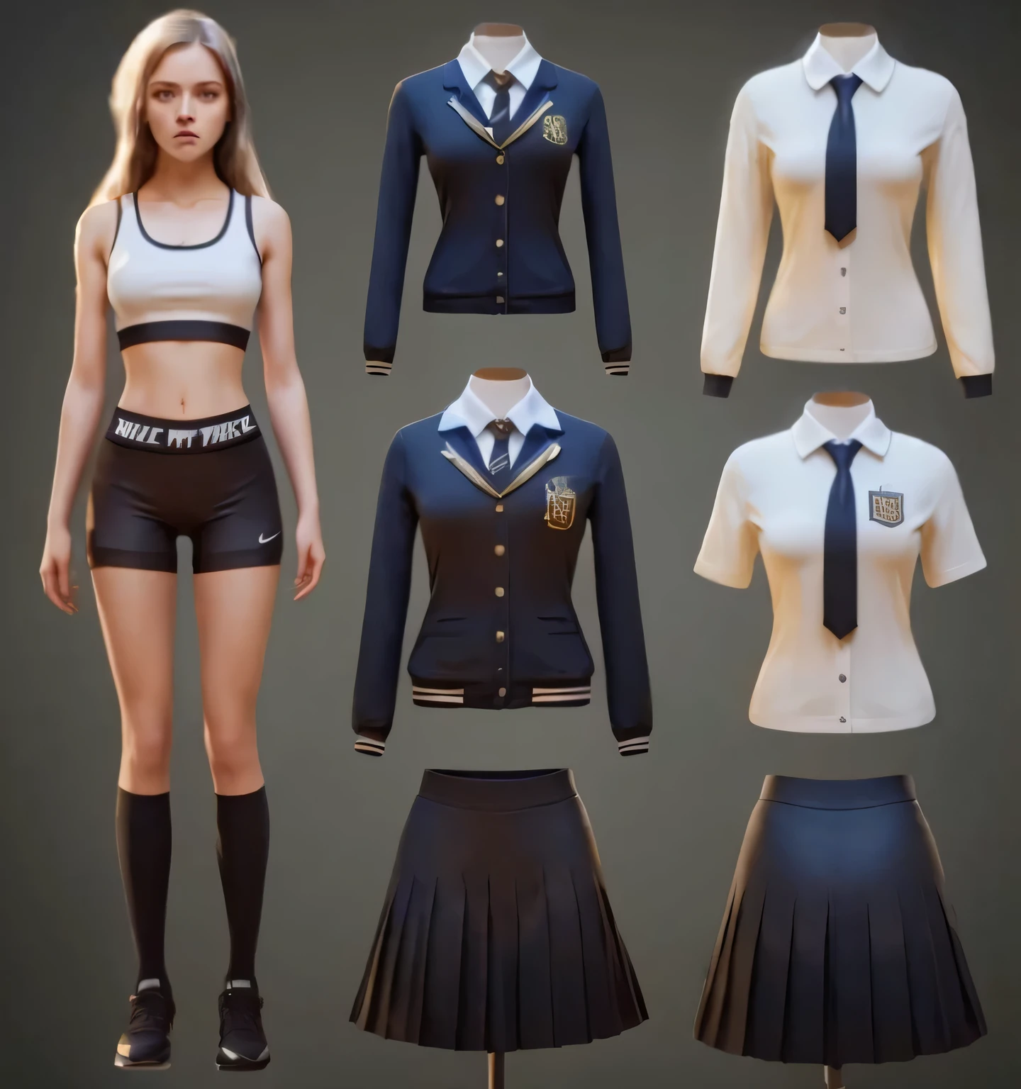 a beautiful young british school girl,1girl,black spandex shorts, piece of Hogwarts, black nike pro spandex shorts, white dress shirt, grey skirt, black british school jacket, detailed face and eyes,long hair flowing,standing in a pose,cinematic lighting,highly detailed,8k,masterpiece,fantasy art