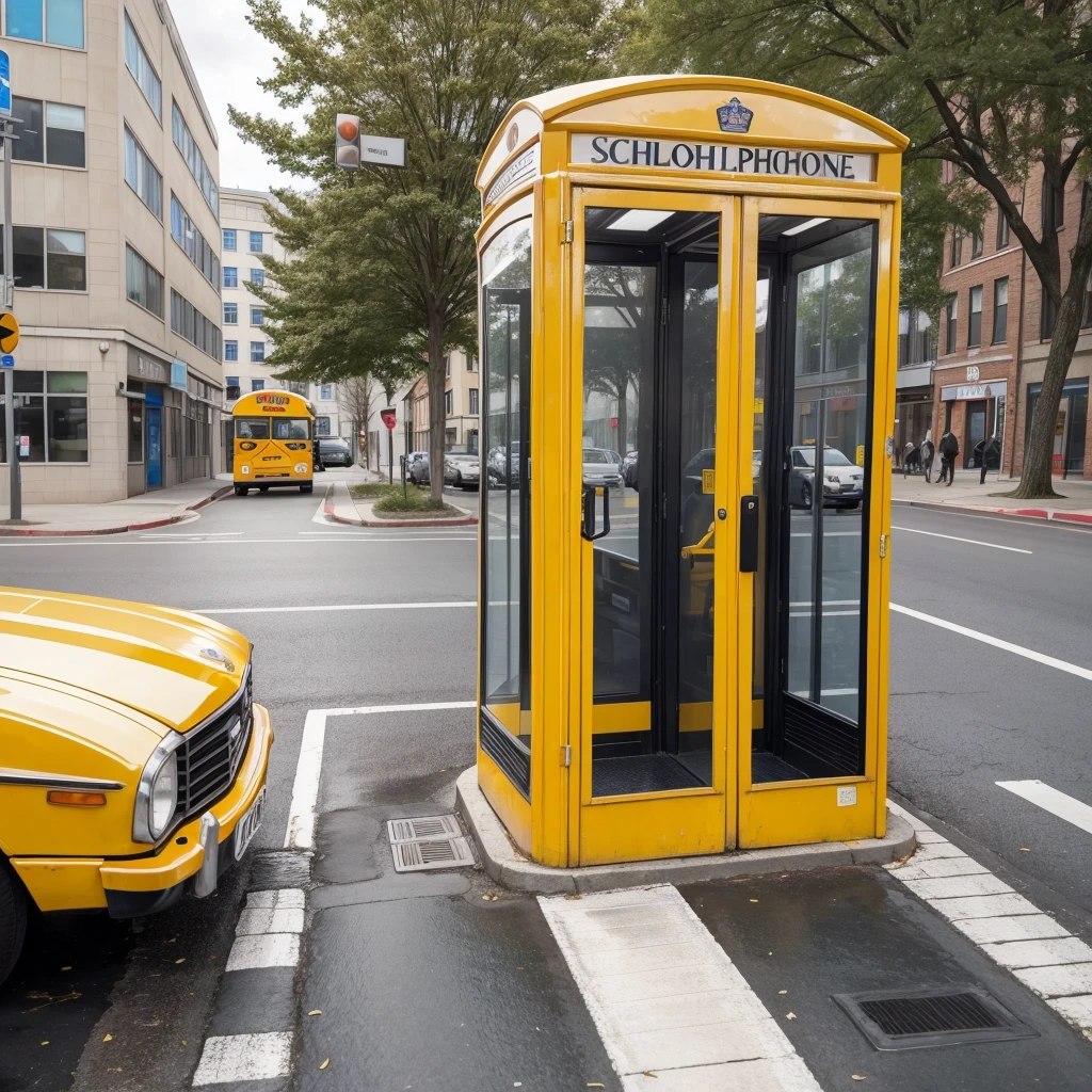 Add a phone booth on the sidewalk and add a school bus on the street.