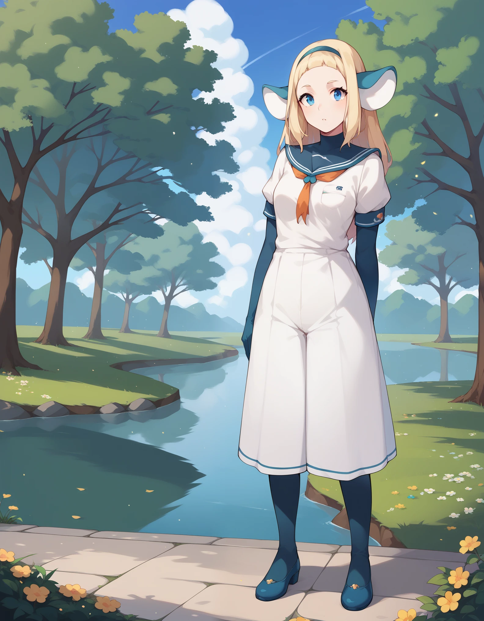 zPDXL,  1girl, bakara jurgen, blonde hair, blue eyes, mouse ears, hairband, uniform, full body, park background, river, in the morning lights