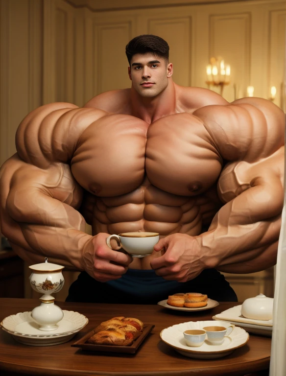 1boy, giant, alone, giant bodybuilder, illuminating light, strong body, bulk, large size, stand, serving a cup of tea, with white background, indoor, nude, white triangular underwear, thick bulge, scratch his bulge, extraordinary big, brutalmass, giant muscular body, bulk, buff, massive body, large meaty body size, extremely wide body