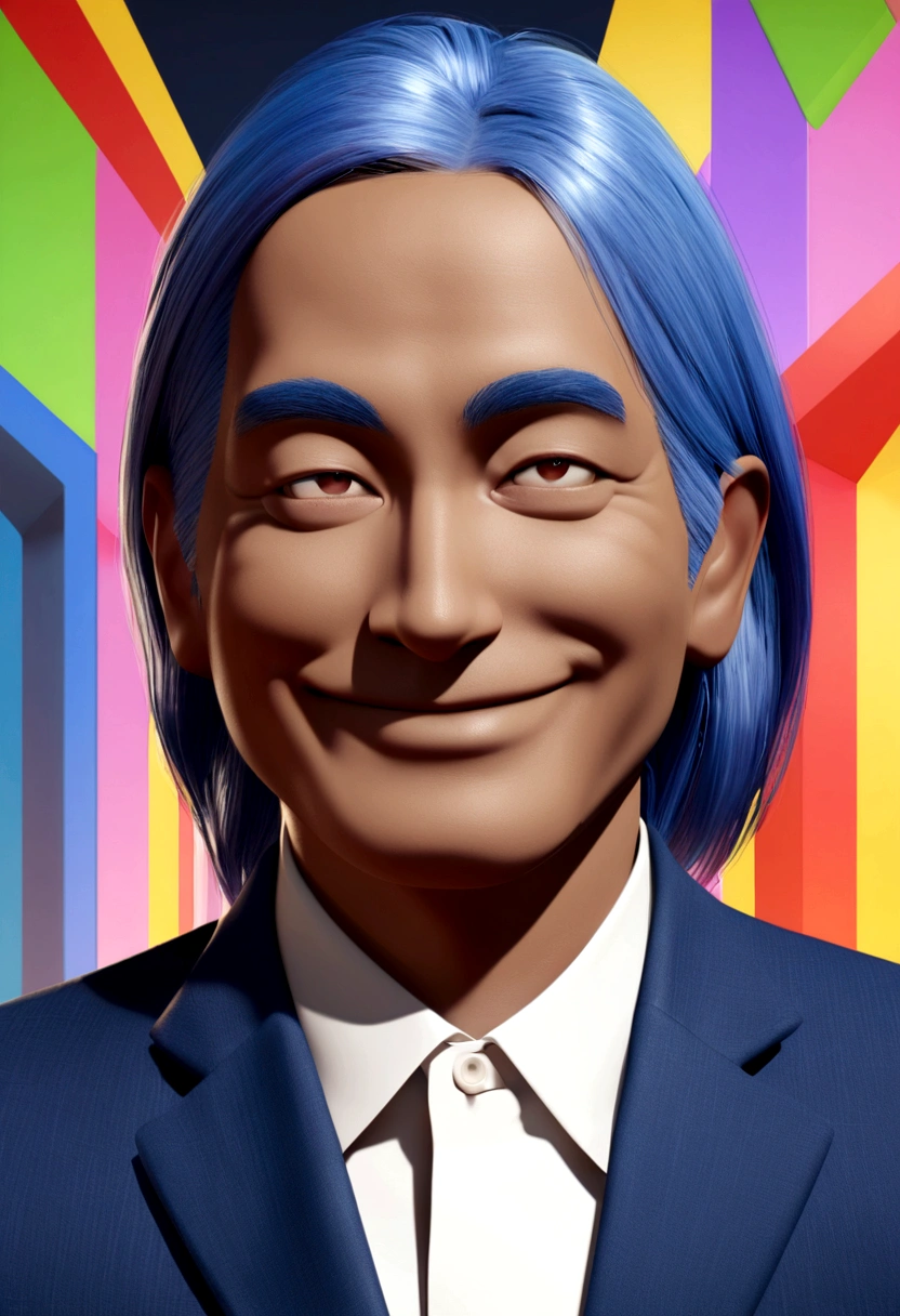 Create a Pixar-inspired 3D poster capturing a 32-year-old man with slightly dark skin in a blue suit without a tie, without a beard, smiling, a politician with low hair 