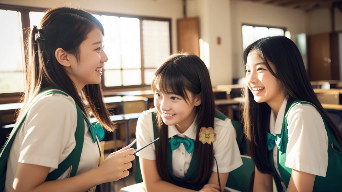 Three high school girls chatting in a classroom、Looks like a lot of fun、All three are cute、Fiddling with your iPhone