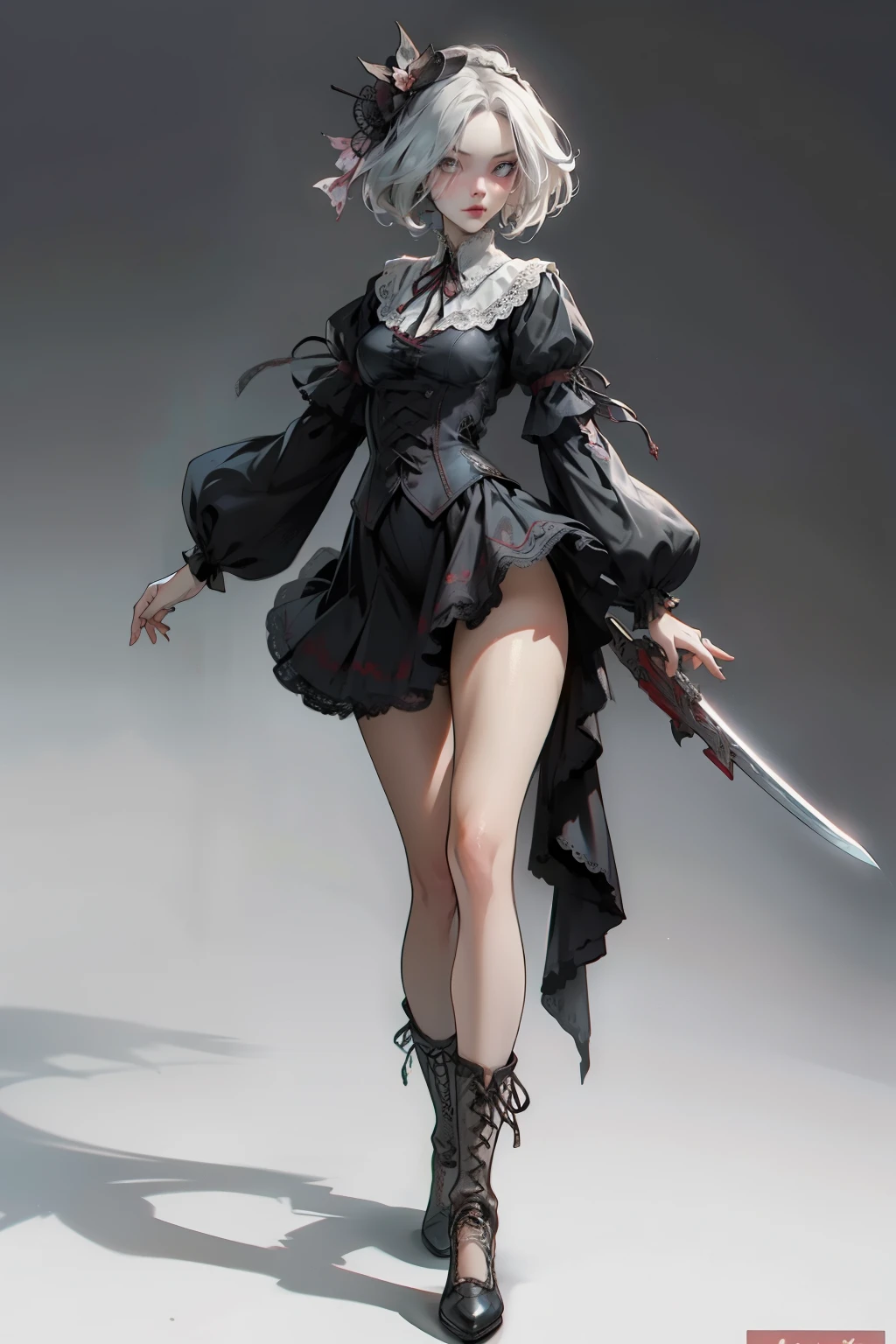 ((best quality)), ((masterpiece)), (detailed), blank white background, plain background, white background, red and white clothing, Bloodborne inspired, occult aesthetic, occult, detailed and intricate steampunk and detailed gothic, NSFW, Very dramatic and cinematic lighting, cosmic horror, grim-dark, side-lighting, perfect face, NSFW, Fluttering lace flared long knee length dress with frilly petticoats, knee length dress, pleated petticoats, lolita dress, petticoats gothic lolita, complex lace boots, side-lighting, gothic lolita aesthetic, wielding a mighty sword with mechanical components, carbine, NSFW, beautiful small breasts, small breasts, full body, whole body, body, plain background, white background, blank background, no background, white background NSFW, full body, whole body, head-to-toe NSFW