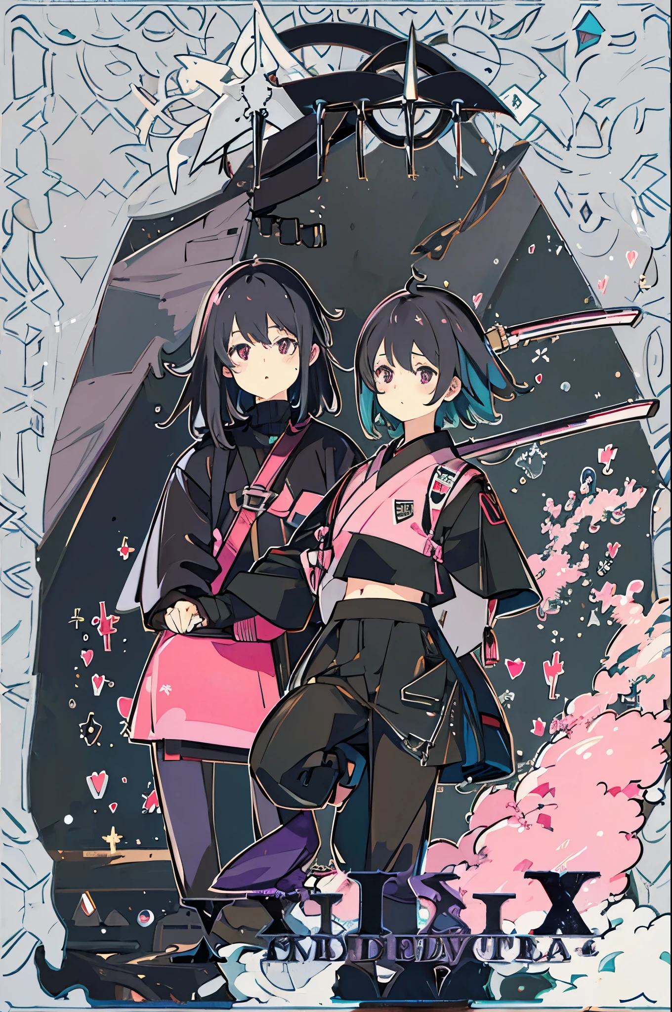 A Japanese girl with straight black hair with purple and cyan highlights with a fringe, a pink crop top and wide black pants, black boots and a black leather jacket, holding a katana