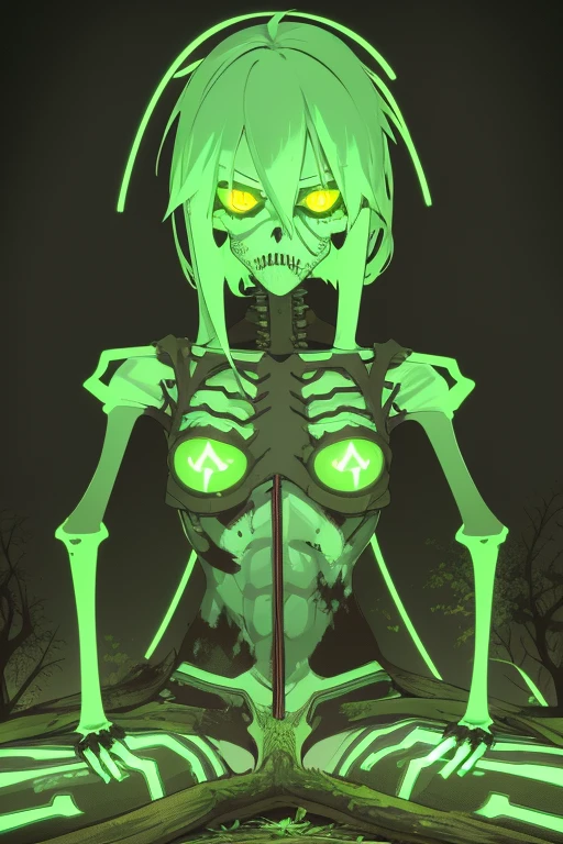 Undead skeletal zombie with open chest with a fungus inside Neon green with sprouts and roots covering the body Neon green eyes Destroyed ranger clothing Dirty arms covered by roots and legs with blisters covering his body Toxic neon green blood gray background look at us facing the viewer