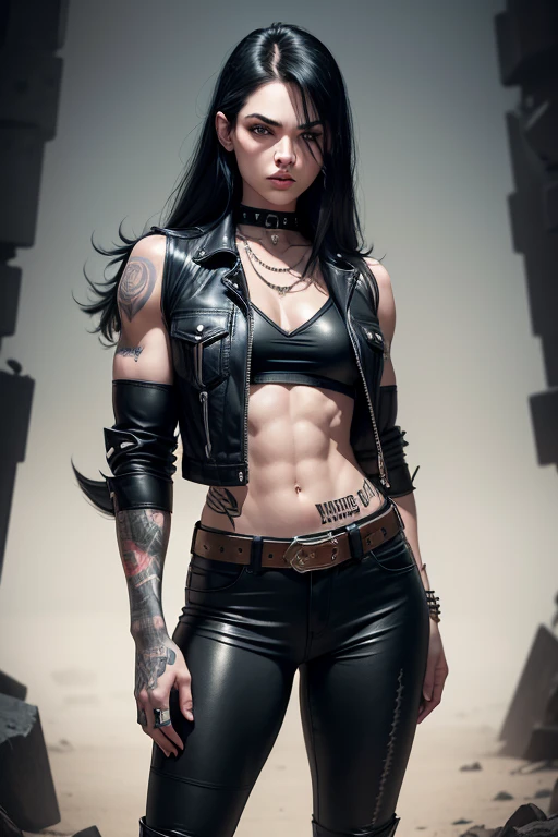 25-year-old woman in the style of DC Comics &quot;Wolf&quot; is an intergalactic anti-hero, known for his cruelty and sarcastic behavior.. He is depicted as an alien humanoid with pale white skin., long black hair, and a muscular physique in tight pants. Her bright red eyes give her a menacing appearance... Often dressed in an open black leather vest., tight pants,belt holster and heavy boots, he has a punk rock look. His tattoos and scars all over his body highlight his hardened character..,