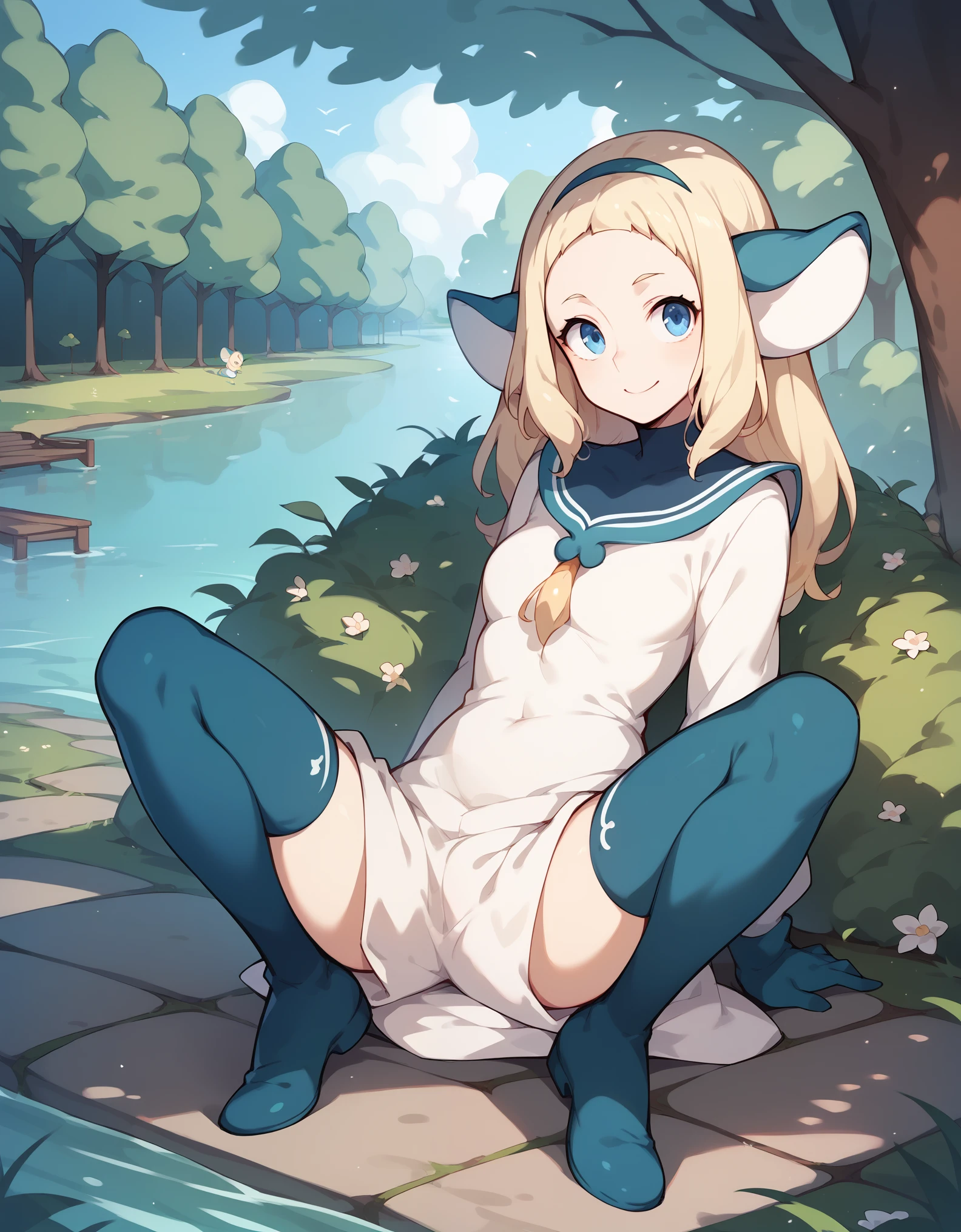 zPDXL,  1girl, bakara jurgen, blonde hair, blue eyes, mouse ears, hairband, uniform, full body, park background, river, in the morning lights, spread legs, smile