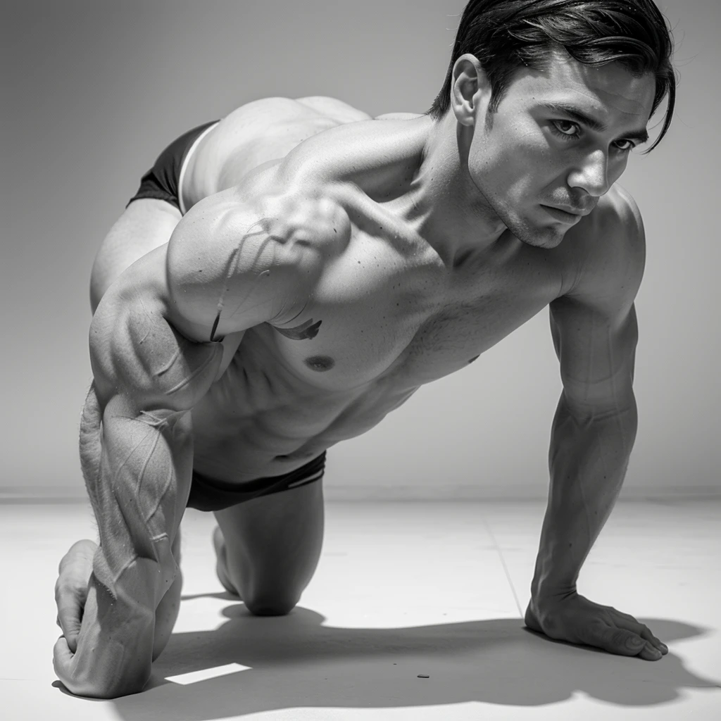 Man doing push-ups, one half of the body that is pure bone and the other half just muscle, pencil drawing without background with top view from the side
