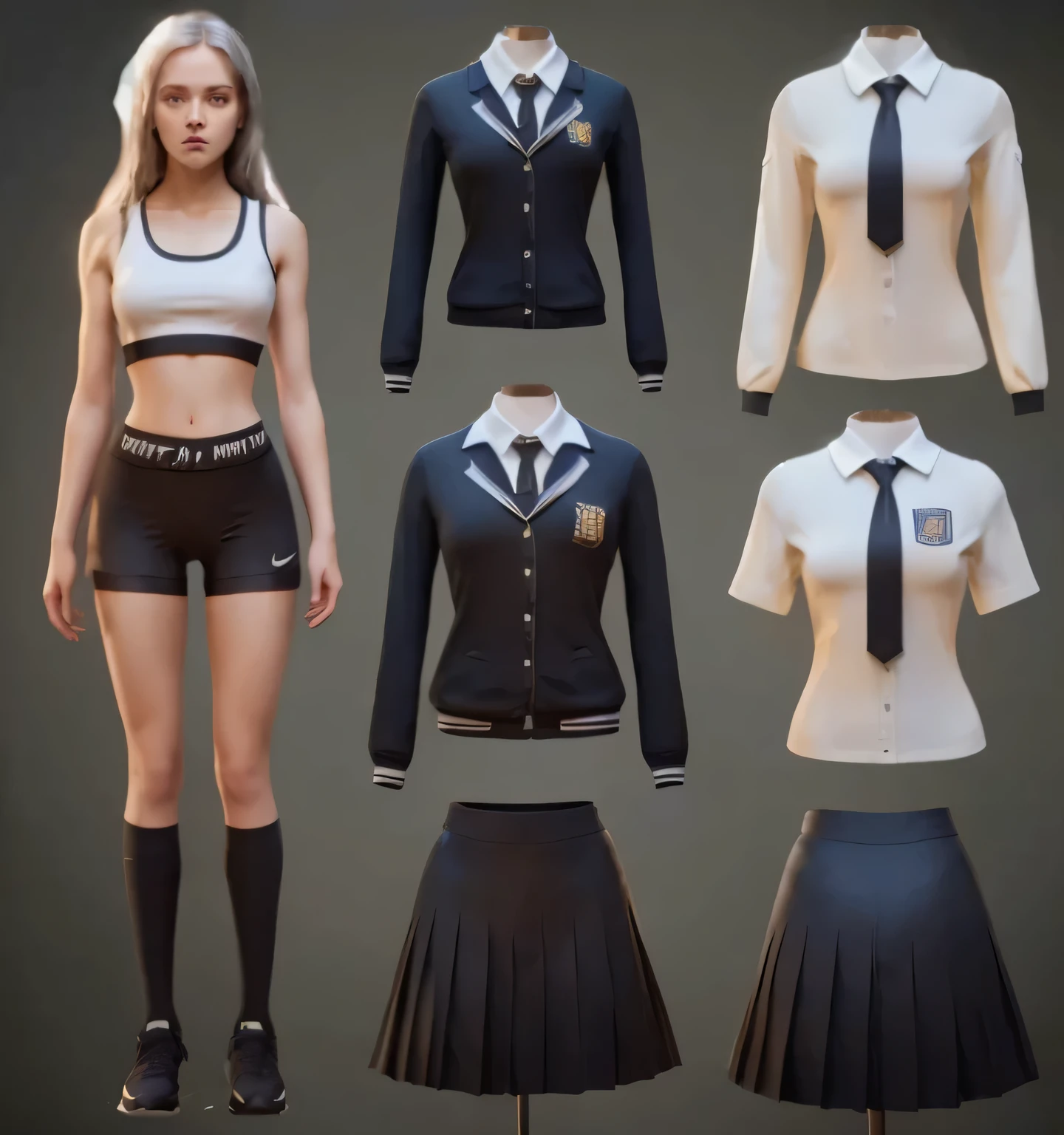 a beautiful young british school girl,1girl,black spandex shorts, piece of Hogwarts, black nike pro spandex shorts, white dress shirt, grey skirt, black british school jacket, detailed face and eyes,long hair flowing,standing in a pose,cinematic lighting,highly detailed,8k,masterpiece,fantasy art