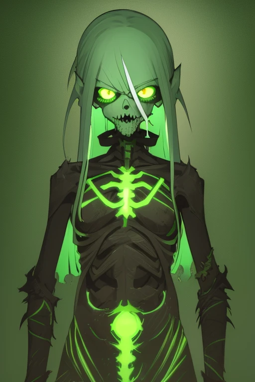 Undead skeletal zombie with open chest with a fungus inside Neon green with sprouts and roots covering the body Neon green eyes Destroyed ranger clothing Dirty arms covered by roots and legs with blisters covering his body Toxic neon green blood gray background look at us facing the viewer