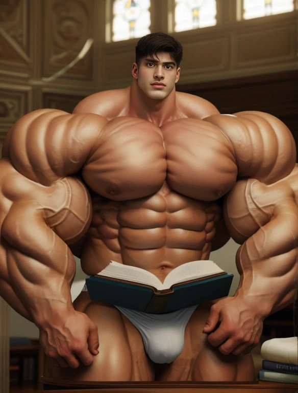 1boy, giant, alone, giant bodybuilder, illuminating light, strong body, bulk, large size, stand, read a book with white background, indoor, nude, white triangular underwear, thick bulge, scratch his bulge, extraordinary big, brutalmass, giant muscular body, bulk, buff, massive body, large meaty body size, extremely wide body