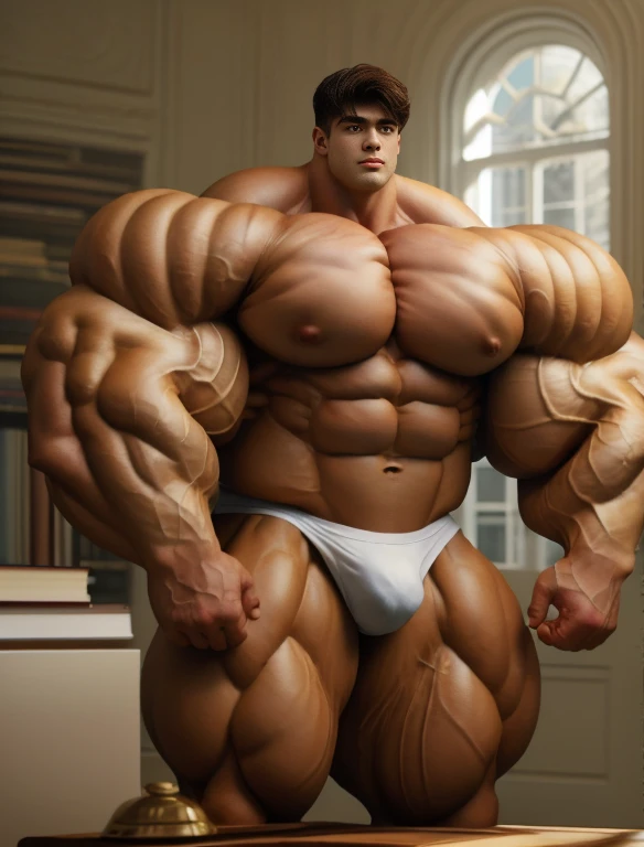 1boy, giant, alone, giant bodybuilder, illuminating light, strong body, bulk, large size, stand, read a book with white background, indoor, nude, white triangular underwear, thick bulge, scratch his bulge, extraordinary big, brutalmass, giant muscular body, bulk, buff, massive body, large meaty body size, extremely wide body