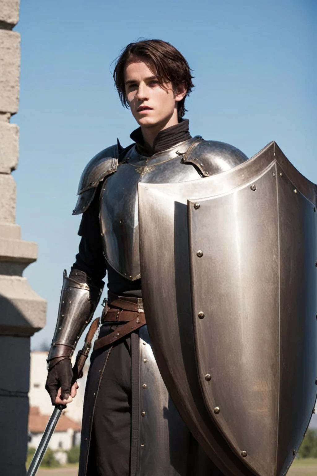 arafed man in armor posing with sword and shield in front of a building, attractive male with armor, arsen lupine as paladin, Emma Watson as a Knight, wearing full armor, in armor, wearing shining plate armor, wearing knight armor, wearing heavy armor with cape, male paladin, wearing fantasy armor, wearing shiny breastplate