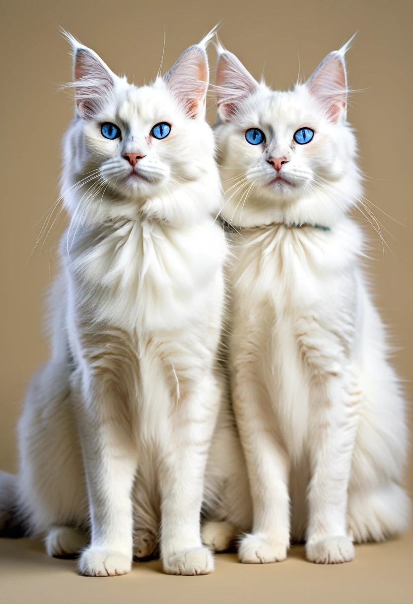  The image shows a large fluffy cat with blue eyes and a smaller kitten with matching blue eyes, both with white fur and pointy ears, sitting together against a neutral background.