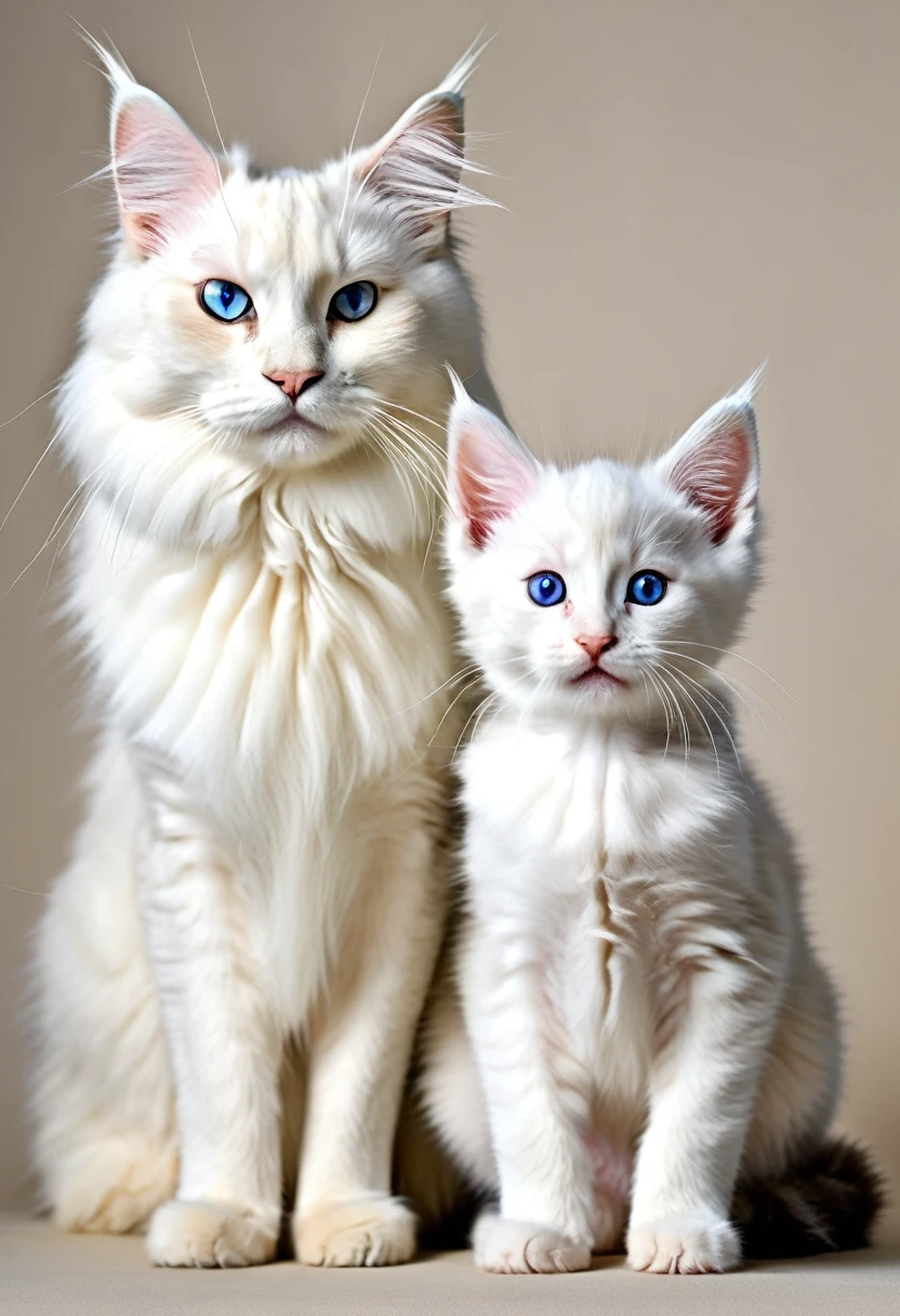 The image shows a large fluffy cat with blue eyes and a smaller kitten with matching blue eyes, both with white fur and pointy ears, sitting together against a neutral background.