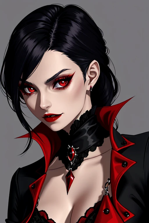 Mujer arafed con maquillaje negro y rojo y vampire's teeth., with fangs, vampire's teeth, Vampire girl, sharp vampire's teeth, vampire portrait, fangs, female vampire, androgynous vampire, vampire fangs, scary vampire, sharp and pointy vampire's teeth, vampire woman, fangs extended, fangs and drool, Describe a scene where a female vampire from the Tremere clan, with aristocratic features and mesmerizing eyes, is to seduce someone in a dark and mysterious environment. She is dressed in elegant clothes and displays an aura of power and mystery.... Your gaze is penetrating and seductive, as she uses her manipulation skills to lure the victim closer, involving her in a dangerous game of desire and fascination. The atmosphere around you is charged with tension and excitement., with shadows dancing around, further enhancing the atmosphere of seduction and mystery, wearing red lingerie, nsfw, high heel boots
