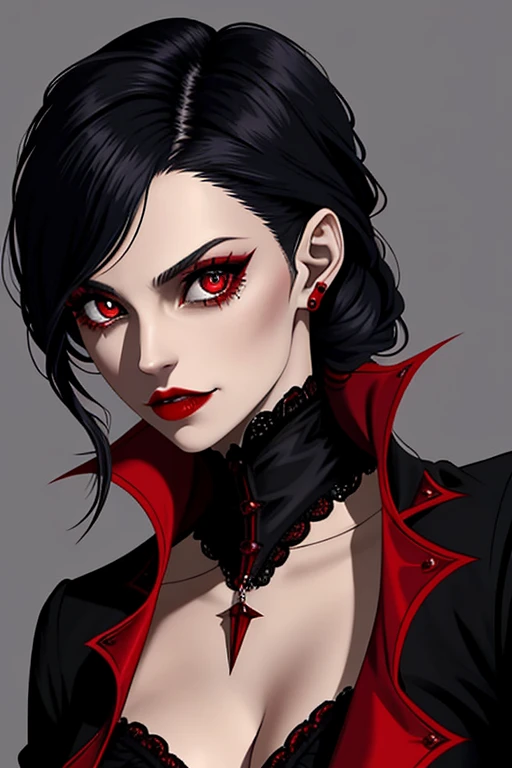 Mujer arafed con maquillaje negro y rojo y vampire's teeth., with fangs, vampire's teeth, Vampire girl, sharp vampire's teeth, vampire portrait, fangs, female vampire, androgynous vampire, vampire fangs, scary vampire, sharp and pointy vampire's teeth, vampire woman, fangs extended, fangs and drool, Describe a scene where a female vampire from the Tremere clan, with aristocratic features and mesmerizing eyes, is to seduce someone in a dark and mysterious environment. She is dressed in elegant clothes and displays an aura of power and mystery.... Your gaze is penetrating and seductive, as she uses her manipulation skills to lure the victim closer, involving her in a dangerous game of desire and fascination. The atmosphere around you is charged with tension and excitement., with shadows dancing around, further enhancing the atmosphere of seduction and mystery, wearing red lingerie, nsfw, high heel boots 