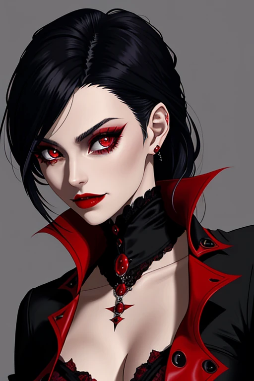 Mujer arafed con maquillaje negro y rojo y vampire's teeth., with fangs, vampire's teeth, Vampire girl, sharp vampire's teeth, vampire portrait, fangs, female vampire, androgynous vampire, vampire fangs, scary vampire, sharp and pointy vampire's teeth, vampire woman, fangs extended, fangs and drool, Describe a scene where a female vampire from the Tremere clan, with aristocratic features and mesmerizing eyes, is to seduce someone in a dark and mysterious environment. She is dressed in elegant clothes and displays an aura of power and mystery.... Your gaze is penetrating and seductive, as she uses her manipulation skills to lure the victim closer, involving her in a dangerous game of desire and fascination. The atmosphere around you is charged with tension and excitement., with shadows dancing around, further enhancing the atmosphere of seduction and mystery, wearing red lingerie, nsfw, high heel boots