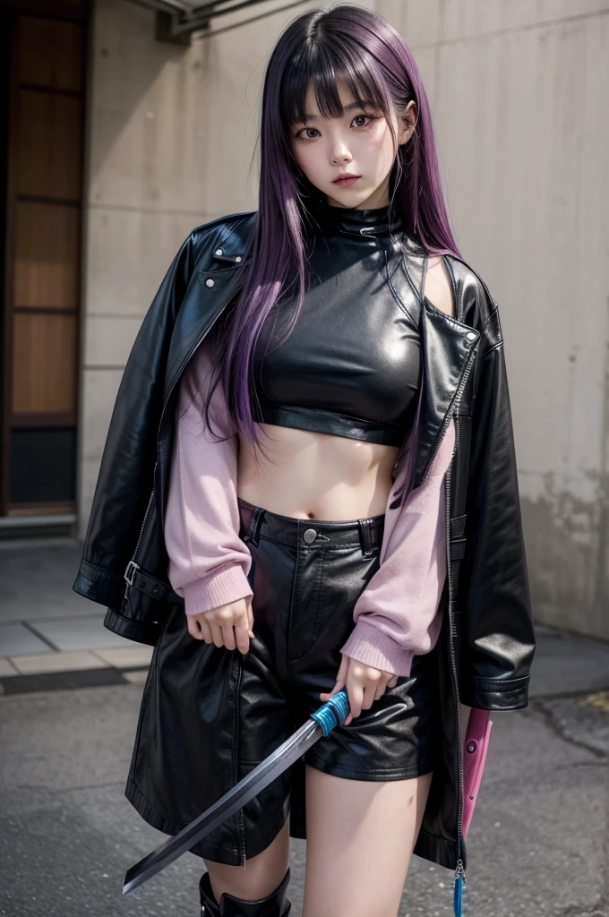 A Japanese girl with straight black hair with purple and cyan highlights with a fringe, a pink crop top and wide black pants, black boots and a black leather jacket, holding a katana