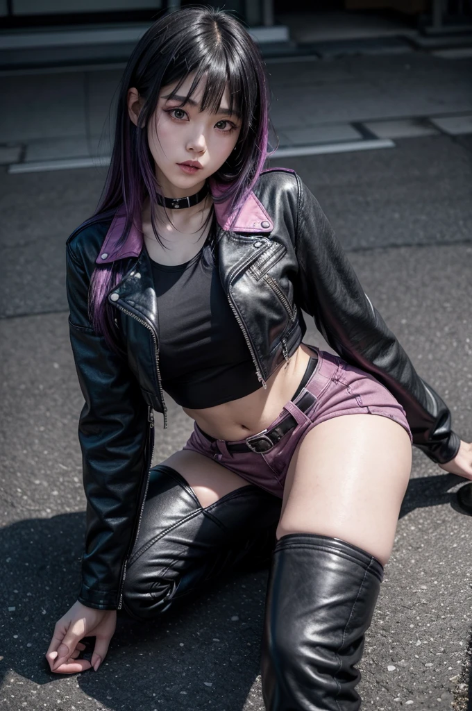 Attractive human Japanese anime woman inspired by the Pokémon Gothitelle, big hips, 4k, detailed, goth girl, rear view, black leather skirt, purple streaks in her hair, fishnet stockings, sensual pose