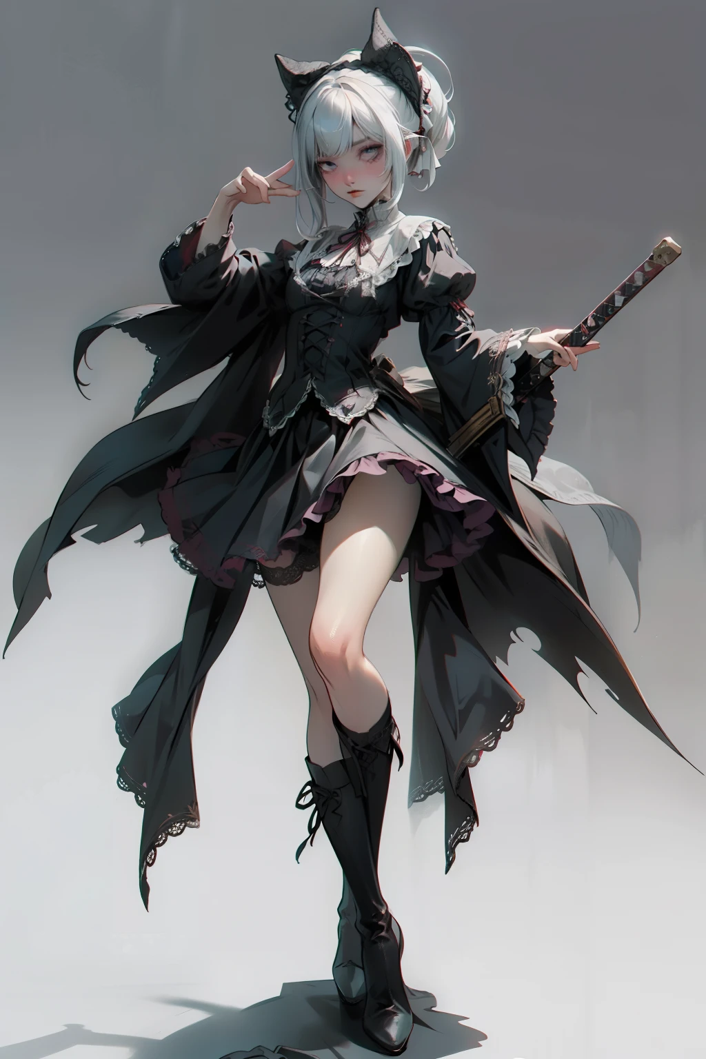 ((best quality)), ((masterpiece)), (detailed), blank white background, plain background, white background, red and white clothing, Bloodborne inspired,  occult aesthetic, occult, detailed and intricate steampunk and detailed gothic, NSFW, Very dramatic and cinematic lighting, cosmic horror, grim-dark, side-lighting, perfect face, NSFW, Fluttering lace flared long knee length dress with frilly petticoats, knee length dress, pleated petticoats, lolita dress, petticoats gothic lolita, complex lace boots, side-lighting, gothic lolita aesthetic, wielding a mighty sword with mechanical components, carbine, NSFW, beautiful small breasts, small breasts, full body, whole body, body, plain background, white background, blank background, no background, white background NSFW, full body, whole body, head-to-toe NSFW