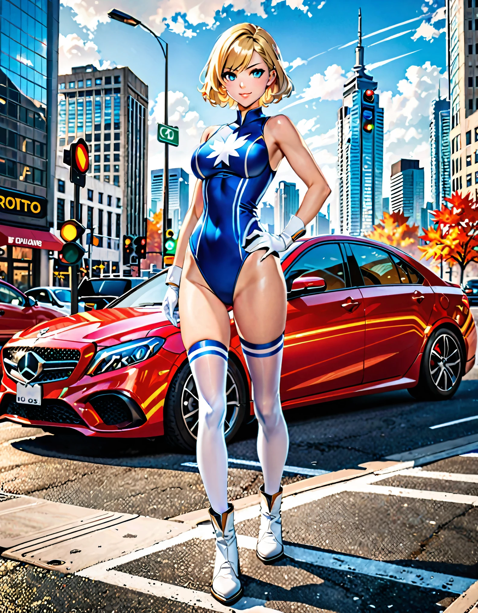 masterpiece, best quality, highres, 1girl, solo, superhero, leotard, bare legs, boots, matching boots, sleeveless, gloves, bracelets, matching gloves, looking at viewer, city backdrop, perfect hands, perfect eyes, perfect leotard, perfect legs, perfect arms, perfect fingers, blue and white leotard, blonde hair, blue eyes, medium breasts, long hair, standing, hands on hip, full body, heroic, blue glow