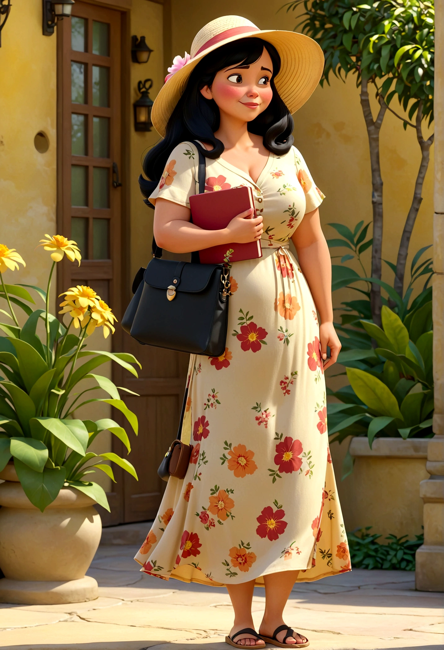 standing alone,1 woman 45 years old, chubby,medium straight black hair, wears side bag and notebook in arms, Wear long dress clothes,sunhat,standing,don,sandals,resource, Disney style, Various poses and expressions, 4 positions, all-body, floral background,
