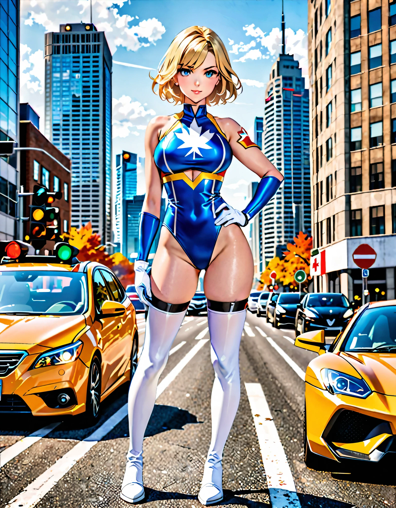 1girl, belt, blonde hair, blue eyes, breasts, building, city, 1girl, belt, blonde hair, blue eyes, breasts, bare lags, building, car, city, cityscape, gloves, ground vehicle, hand on hip, looking at viewer, leotard, motor vehicle, outdoors, short hair, sky, skyscraper, solo, superhero, thighhighs, traffic light, white gloves, white boots, (white maple leaf (symbol) on chest). toronto backdrop, cowboy shot, full body costume design. superhero