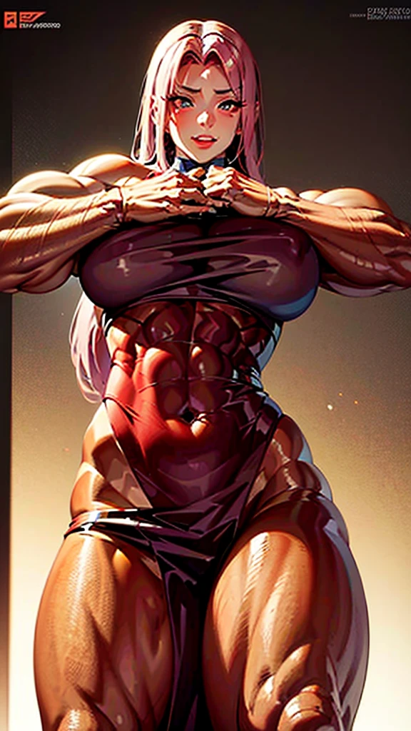 arafed female bodybuilder posing in front of candles, muscular ultraviolent woman, muscular and terrifying, strong and imposing, feminine and muscular, exaggerated physique, Dark goddess with six arms, exaggeratedly large physique, coxas musclegirls, detailed venous muscles, mulheres guerreiras musclegirls, massive muscles, dominant pose, huge muscles, bursting with muscles, extreme muscles, musclegirl, coastal, Huge coasts, side-by-side, gazing at viewer, looked at me, side-by-side, flexed arms, Eyes red, ela colocou as hands on breasts, , looking at me, malicious smile,facing me, hands on breasts, extremely tight dress, more muscular, muito musclegirl